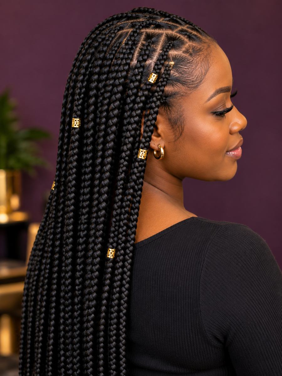 Close-up of freshly finished knotless braids