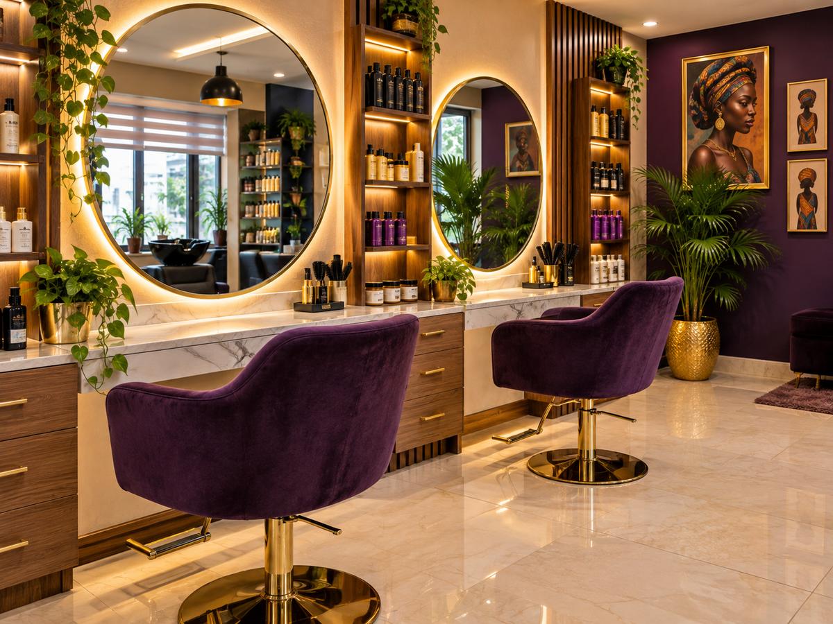 The clean, modern interior of the lounge with styling stations and mirrors