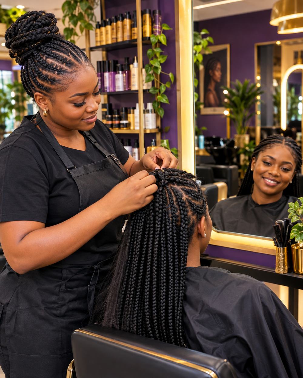 A stylist braiding a client's hair in a bright, modern Nigerian salon